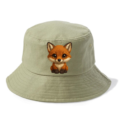 Baby Red Fox - russet fur, white chest, big amber eyes, perky ears, front-facing, - Bucket Hat - Army Green