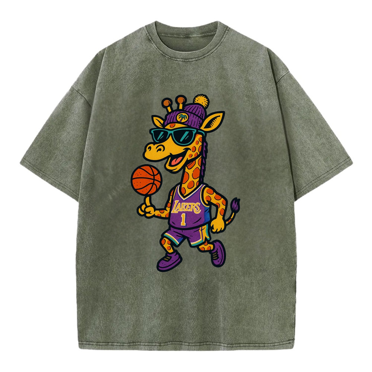 California Giraffe wearing Lakers beanie with palm tree patch and wayfarer - Vintage T-shirt - Army Green