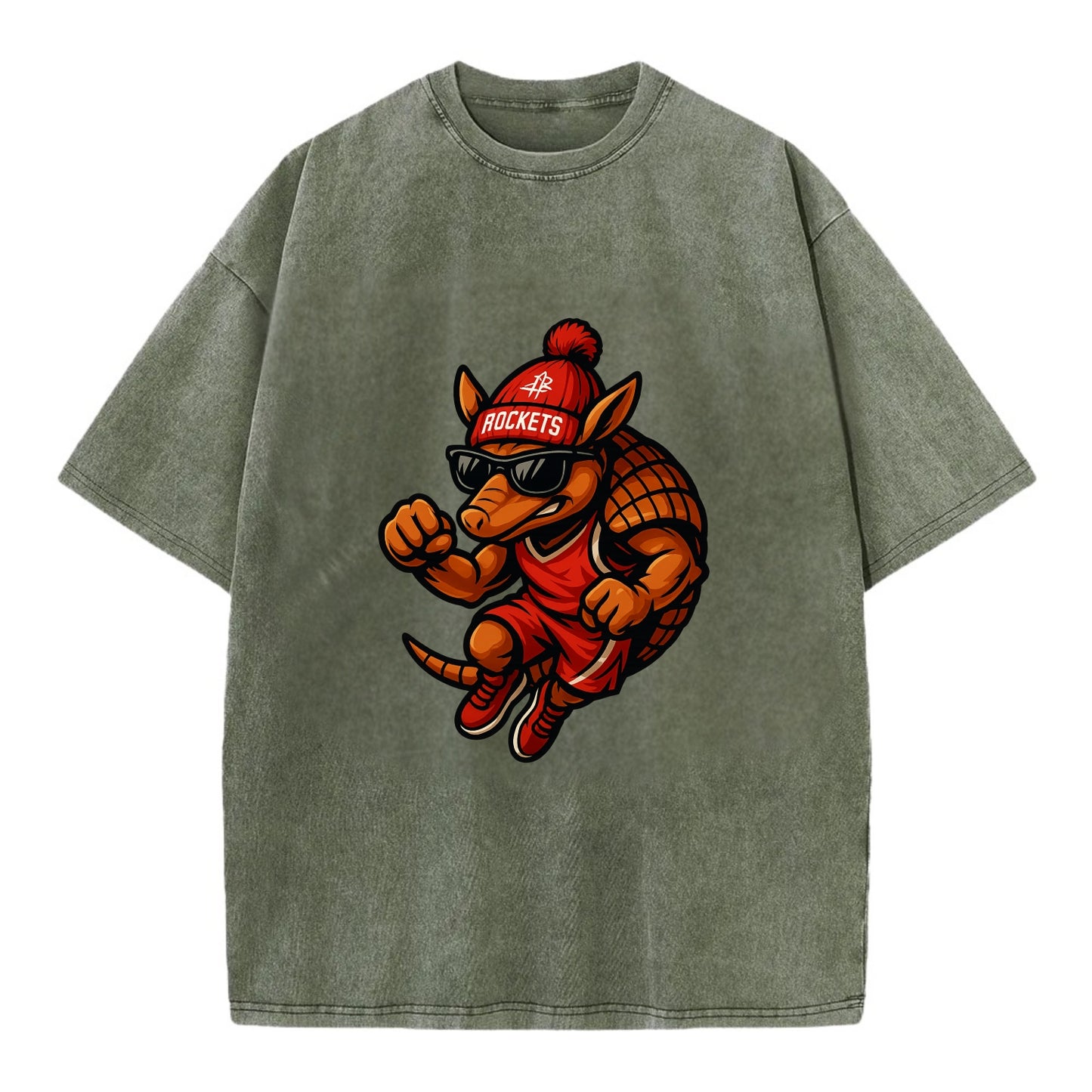Houston Armadillo wearing Rockets red and silver beanie with rocket ship and - Vintage T-shirt - Army Green