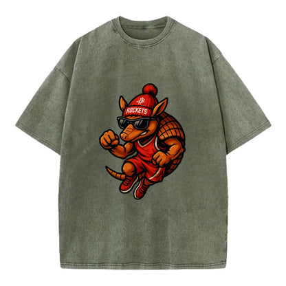 Houston Armadillo wearing Rockets red and silver beanie with rocket ship and - Vintage T-shirt - Army Green