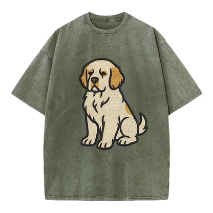 Clumber Spaniel - White with lemon markings embroidered pose - Vintage T-shirt - Army Green