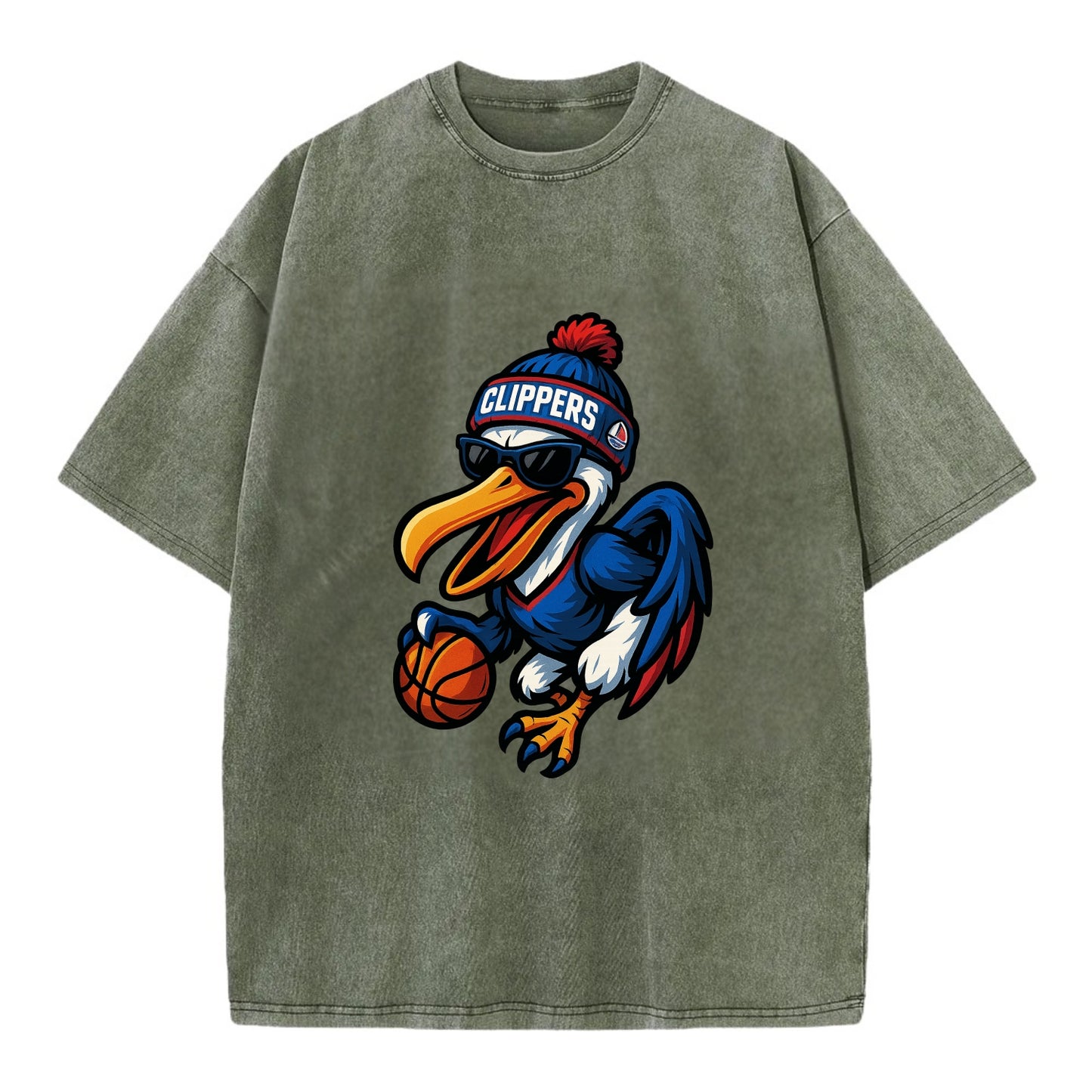 Los Angeles Pelican wearing Clippers beanie with sailboat patch and wayfarer - Vintage T-shirt - Army Green