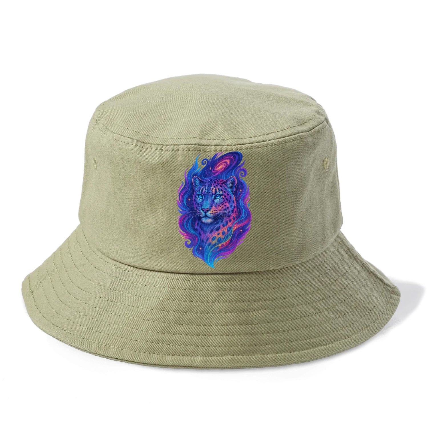 Majestic snow leopard with rainbow gradient spots, crystalline flowing patterns, - Bucket Hat - Army Green