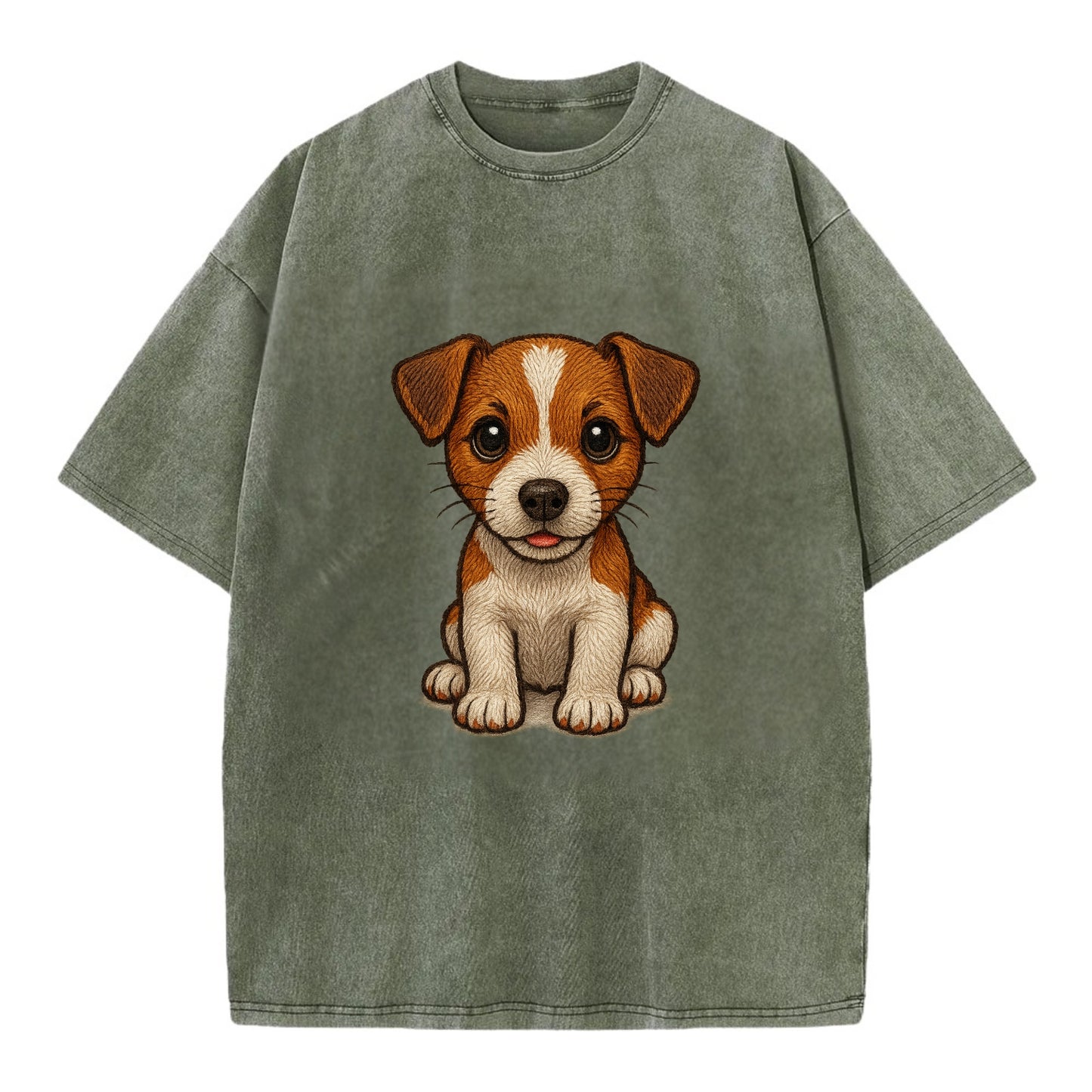Baby Jack Russell Terrier Puppy - white with markings, alert ears, energetic - Vintage T-shirt - Army Green