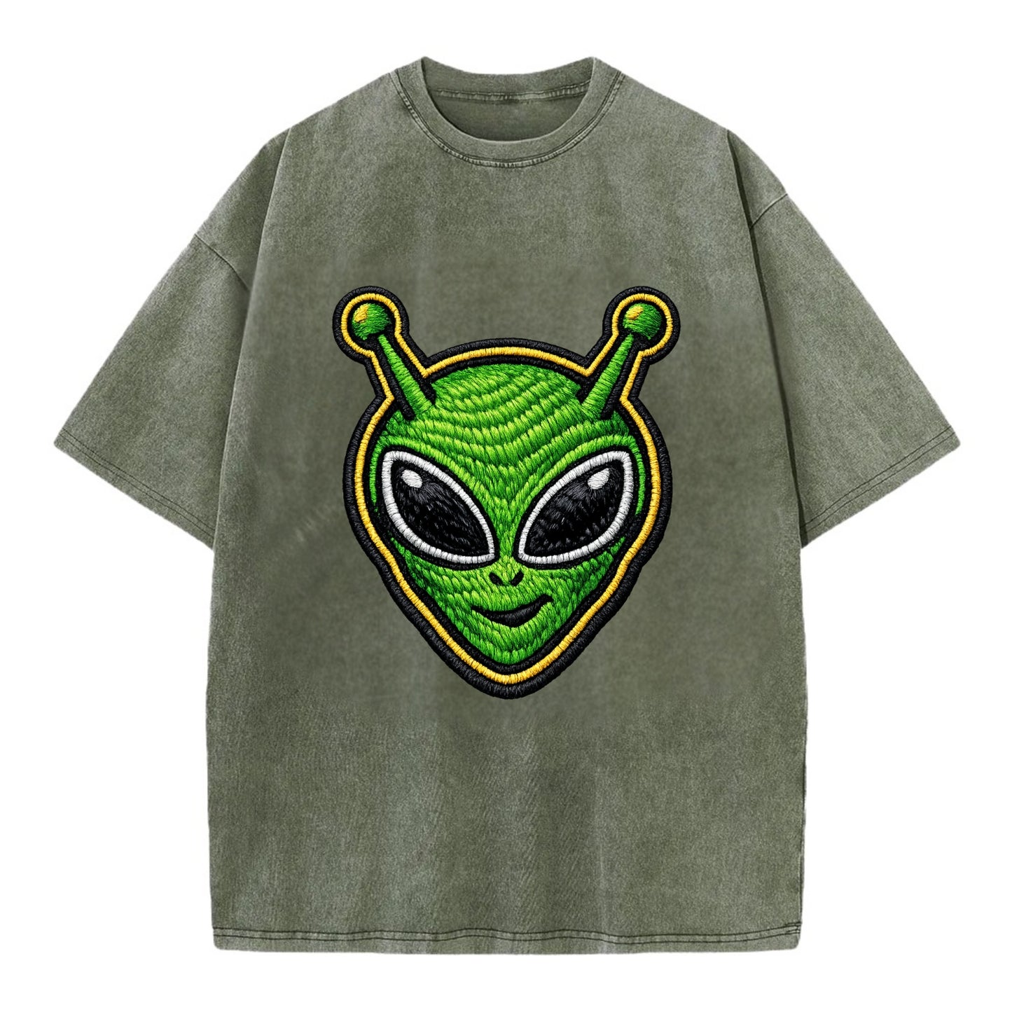 ALIEN MARTIAN - green alien with antenna in green , little green man - Vintage T-shirt - Army Green