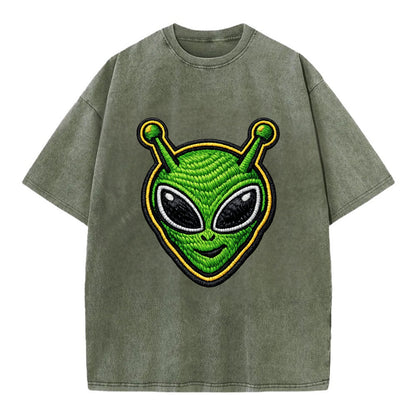 ALIEN MARTIAN - green alien with antenna in green , little green man - Vintage T-shirt - Army Green