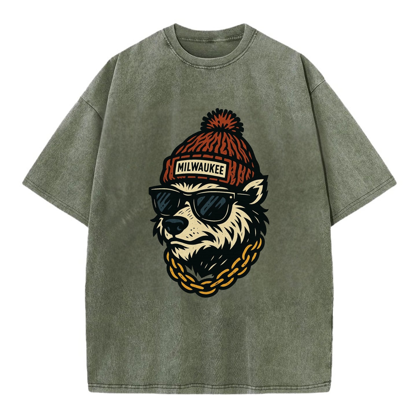 Milwaukee Badger wearing Milwaukee beanie with pom pom and wayfarer sunglasses - Vintage T-shirt - Army Green