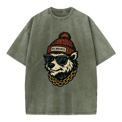 Milwaukee Badger wearing Milwaukee beanie with pom pom and wayfarer sunglasses - Vintage T-shirt - Army Green
