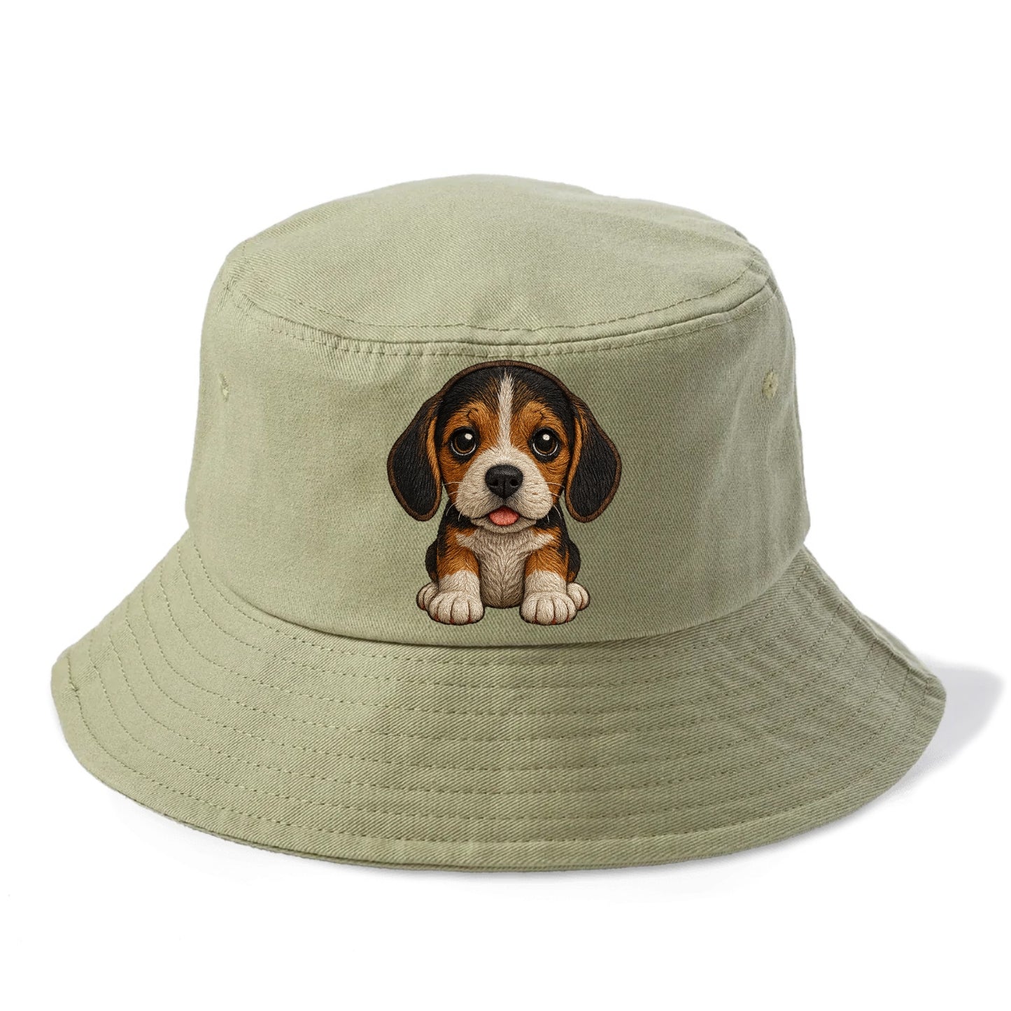 Baby Beagle Puppy - tricolor coat, long droopy ears, big pleading eyes, front-facing, - Bucket Hat - Army Green