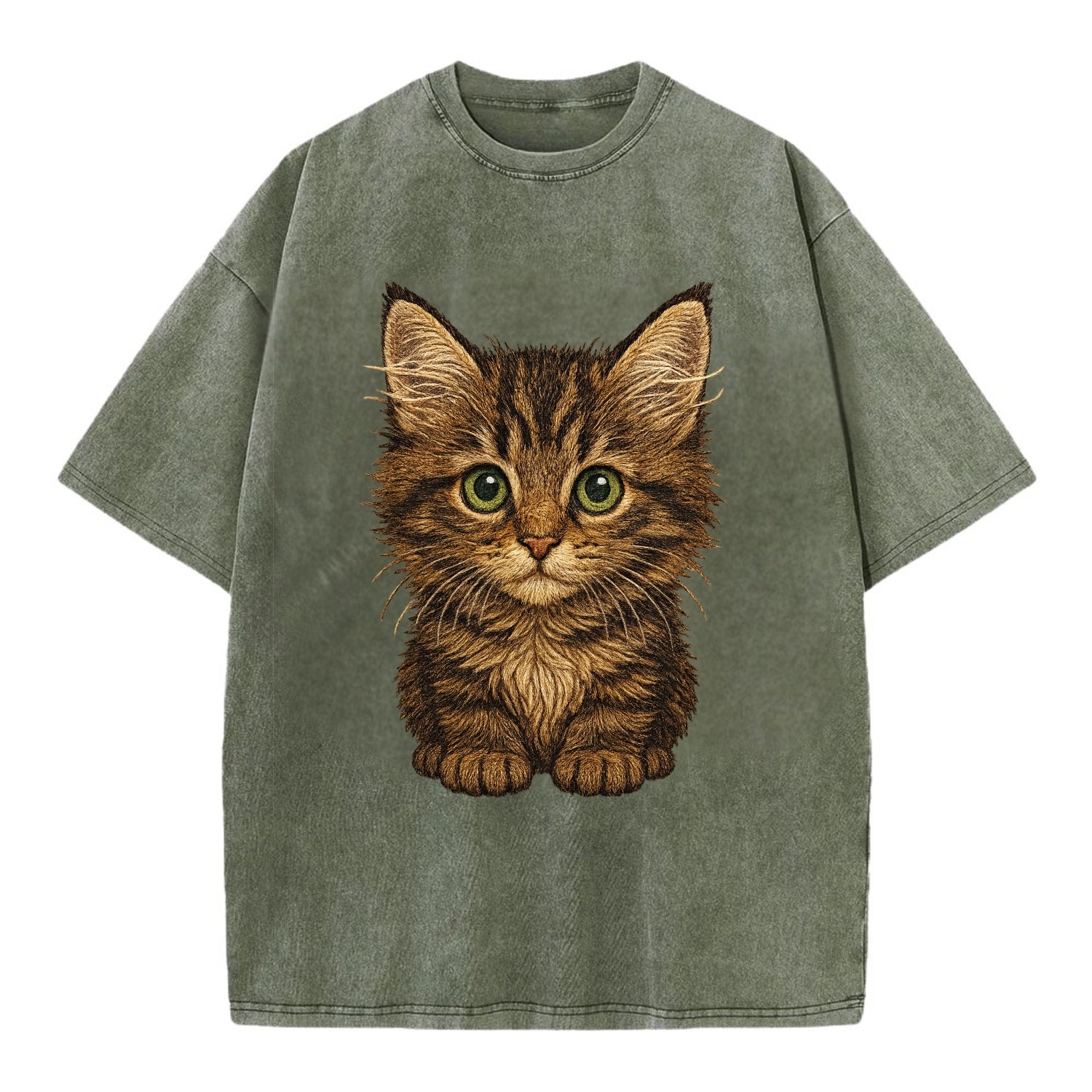 Baby Maine Coon Kitten - large fluffy tabby, tufted ears, big green eyes, - Vintage T-shirt - Army Green