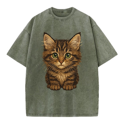 Baby Maine Coon Kitten - large fluffy tabby, tufted ears, big green eyes, - Vintage T-shirt - Army Green