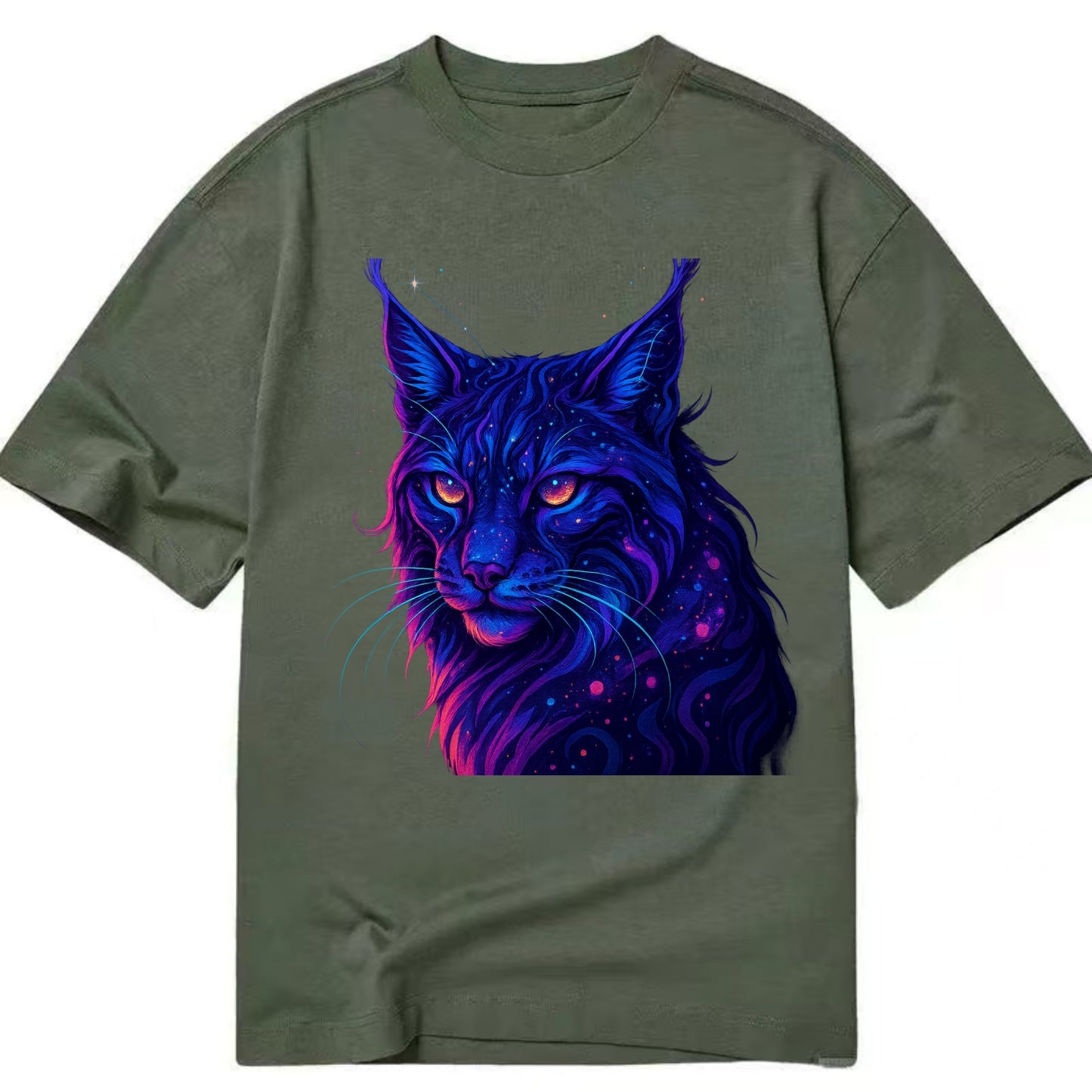 Stealthy lynx with ear tufts forming constellation patterns, nebula spots across - Classic T-shirt - Army Green