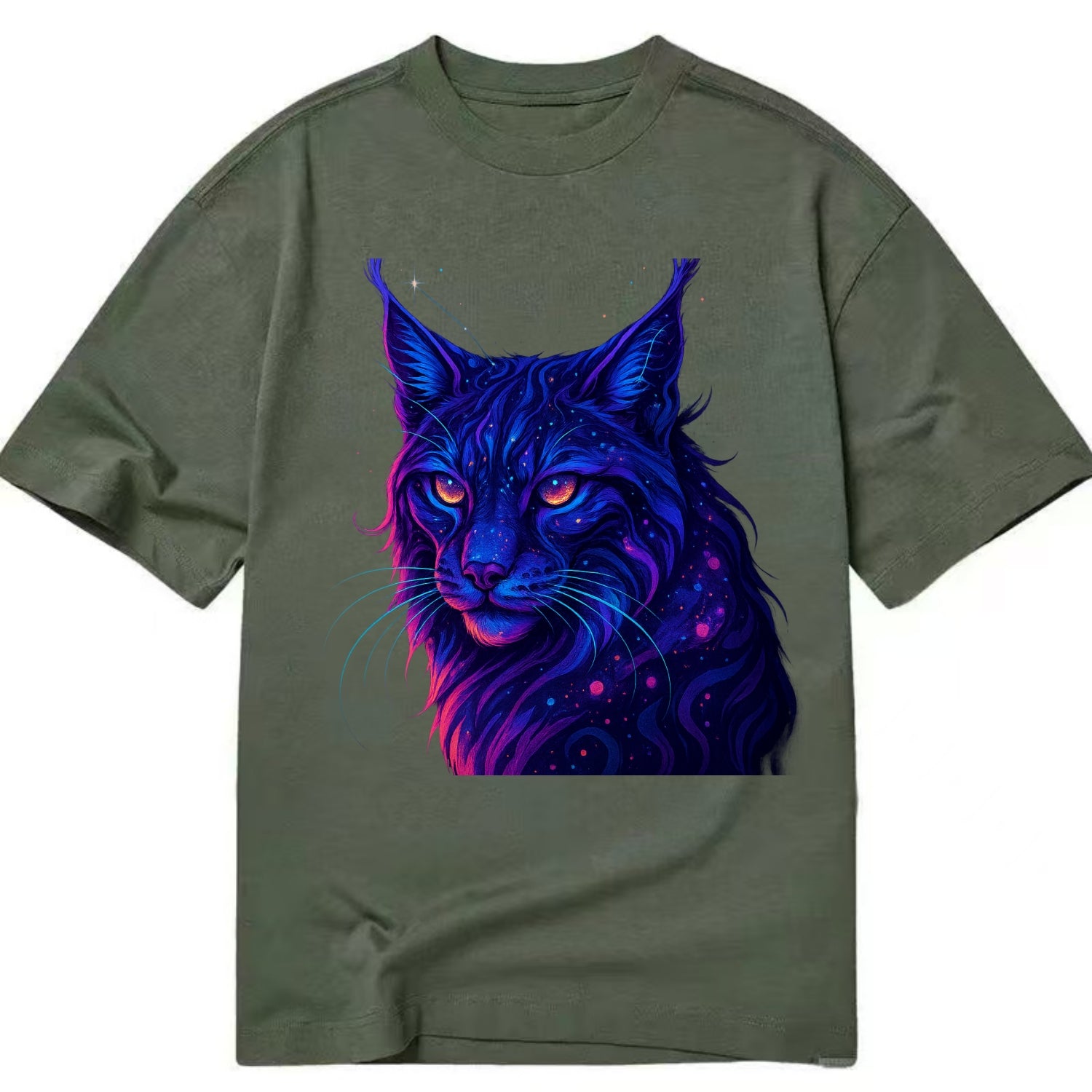Stealthy lynx with ear tufts forming constellation patterns, nebula spots across - Classic T-shirt - Army Green