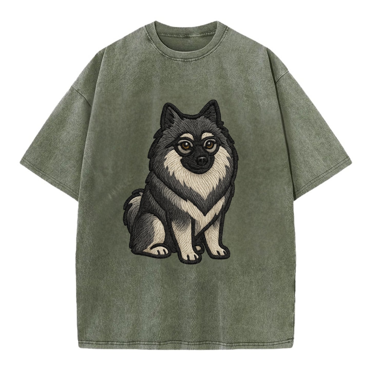 Keeshond - Gray and black spectacles embroidered design - Vintage T-shirt - Army Green