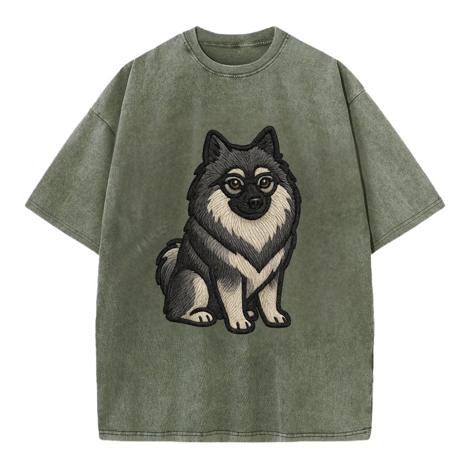 Keeshond - Gray and black spectacles embroidered design - Vintage T-shirt - Army Green