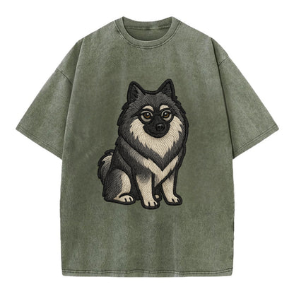 Keeshond - Gray and black spectacles embroidered design - Vintage T-shirt - Army Green