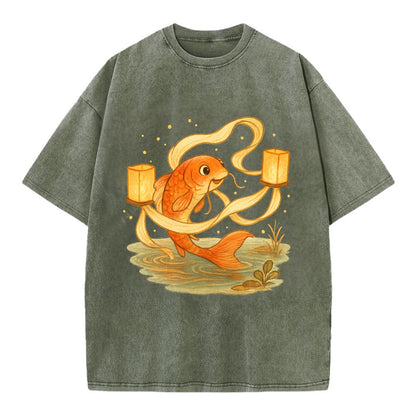 Koi weaving silk streamers through floating lanterns on tranquil water - Vintage T-shirt - Army Green