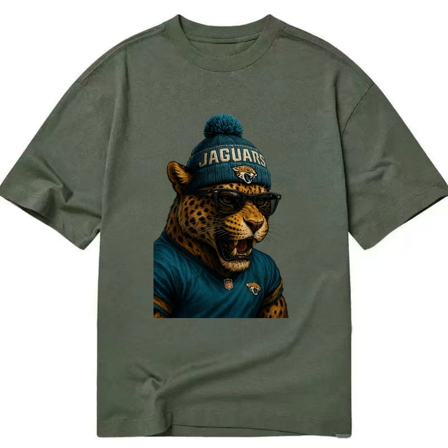 Jacksonville Jaguar wearing Jaguars teal and gold beanie with pom pom and - Classic T-shirt - Army Green