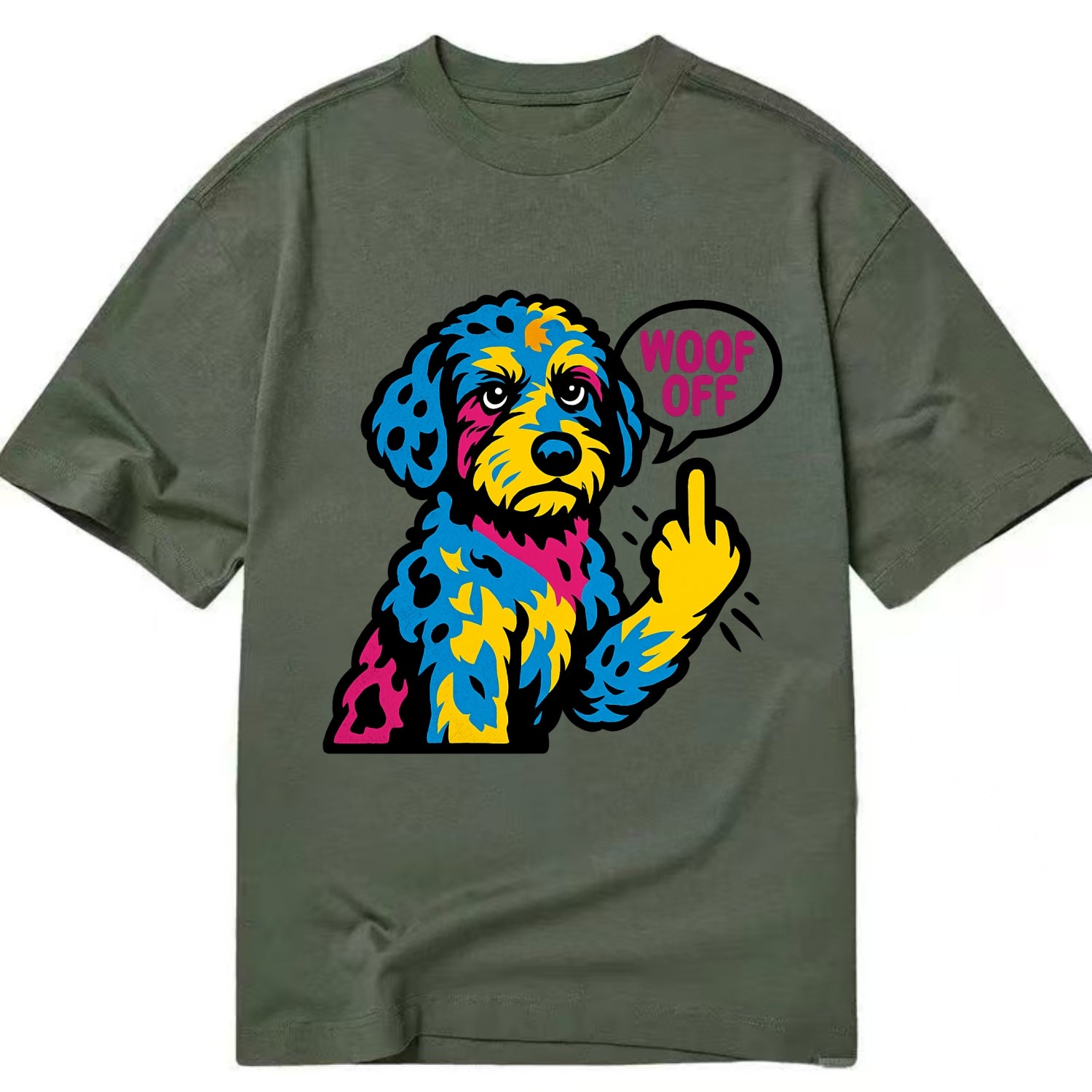 Aussiedoodle with merle patches and curly coat, playful smart paw raised - Classic T-shirt - Army Green