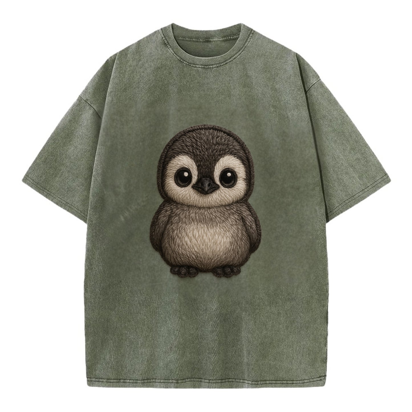 Baby Penguin Chick - gray fluffy, white face, round body, front-facing, tuxedo - Vintage T-shirt - Army Green