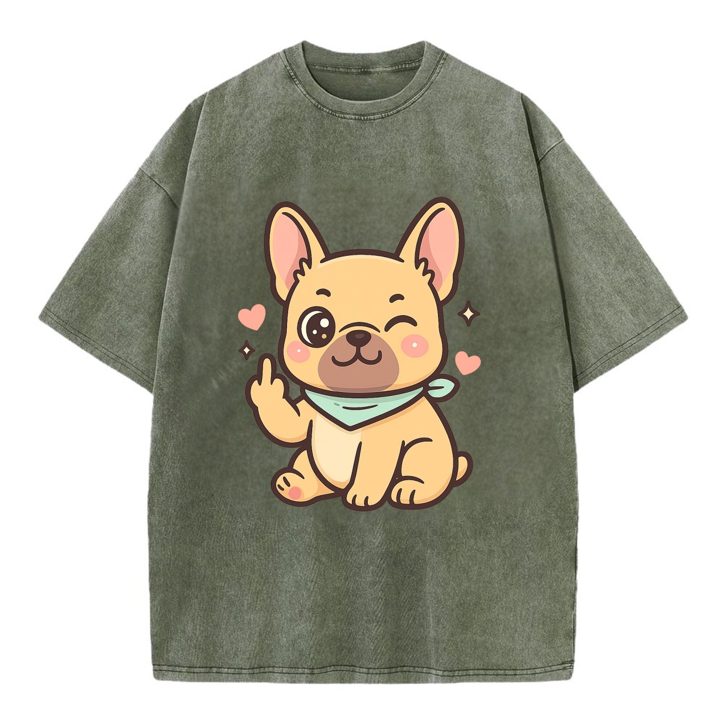 French Bulldog sitting with bat ears up, strong paw with sass - Vintage T-shirt - Army Green