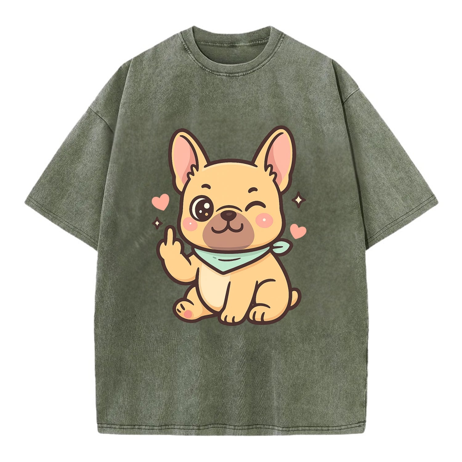 French Bulldog sitting with bat ears up, strong paw with sass - Vintage T-shirt - Army Green