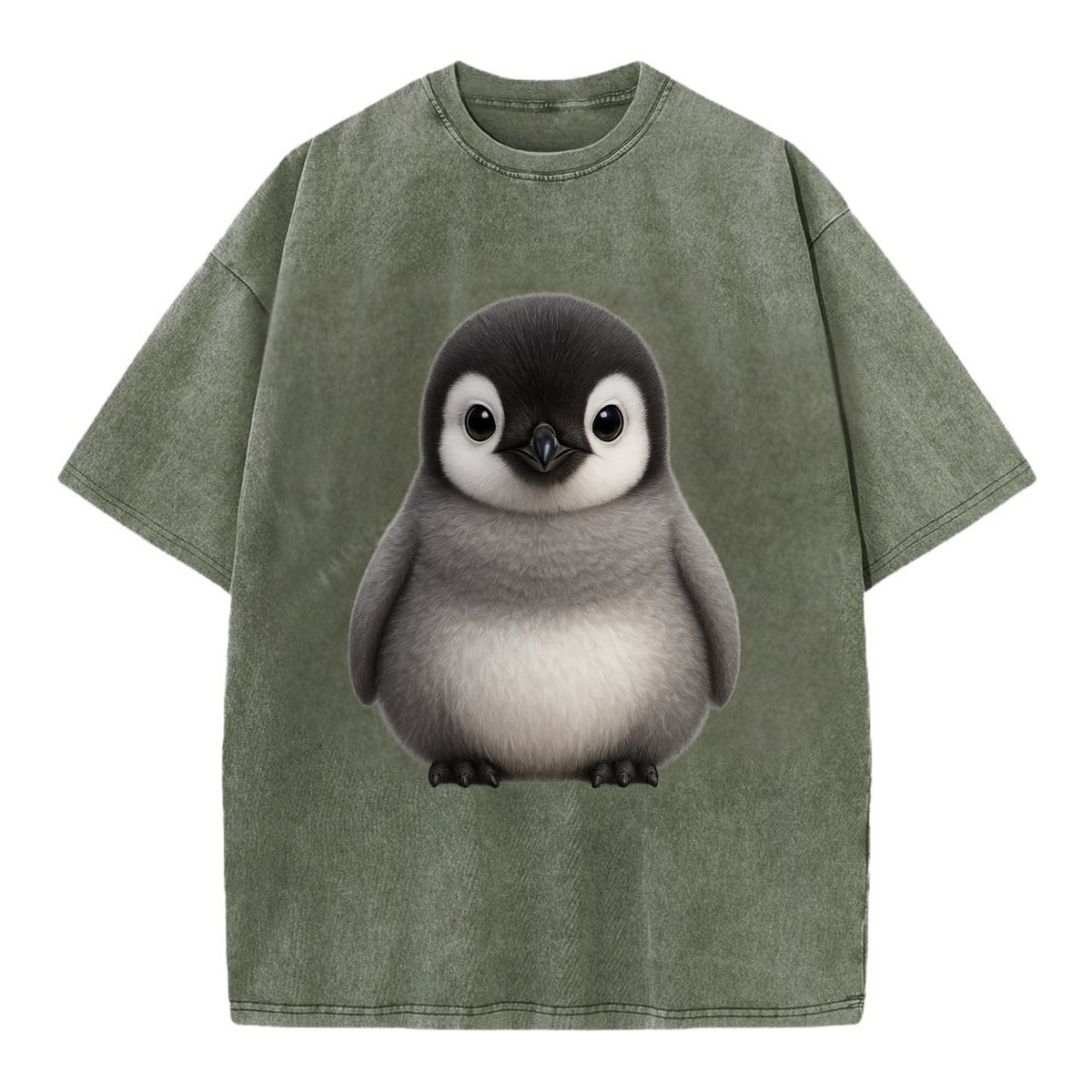 Baby Adelie Penguin - black and white, round body, curious eyes, front-facing, - Vintage T-shirt - Army Green