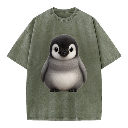 Baby Adelie Penguin - black and white, round body, curious eyes, front-facing, - Vintage T-shirt - Army Green