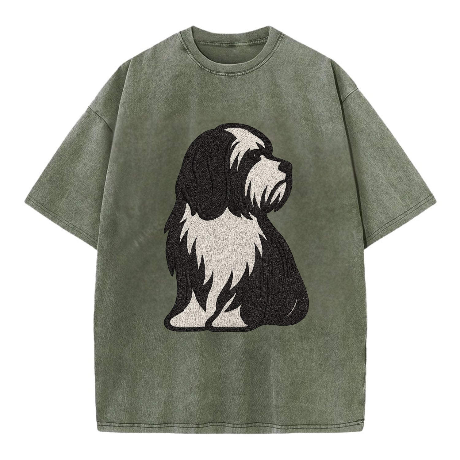Tibetan Terrier - Black and white long c - Vintage T-shirt - Army Green