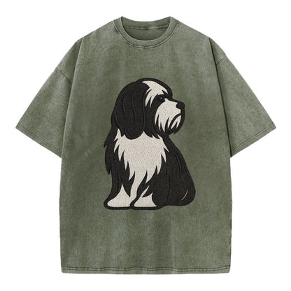 Tibetan Terrier - Black and white long c - Vintage T-shirt - Army Green