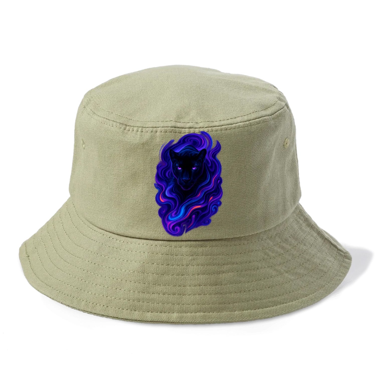 Sleek black panther emerging from swirls of deep purple and electric blue, shadow-like - Bucket Hat - Army Green