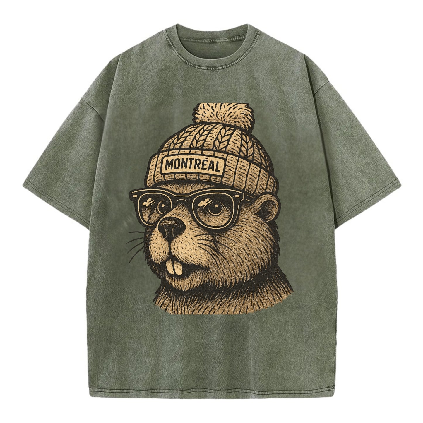 Montreal Beaver wearing Montreal beanie with pom pom and wayfarer sunglasses - Vintage T-shirt - Army Green