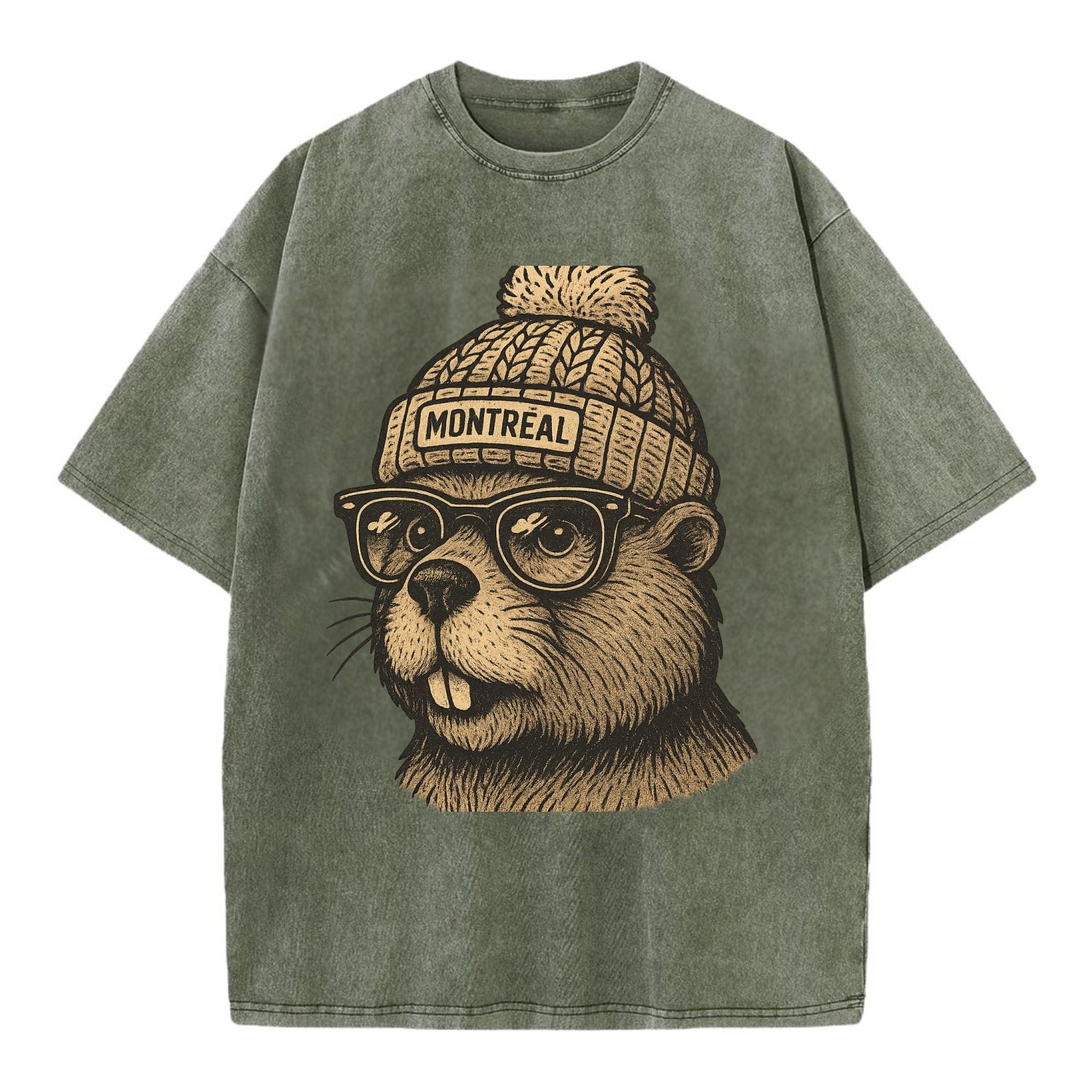 Montreal Beaver wearing Montreal beanie with pom pom and wayfarer sunglasses - Vintage T-shirt - Army Green