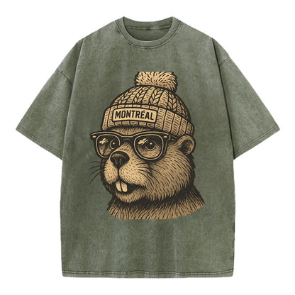Montreal Beaver wearing Montreal beanie with pom pom and wayfarer sunglasses - Vintage T-shirt - Army Green