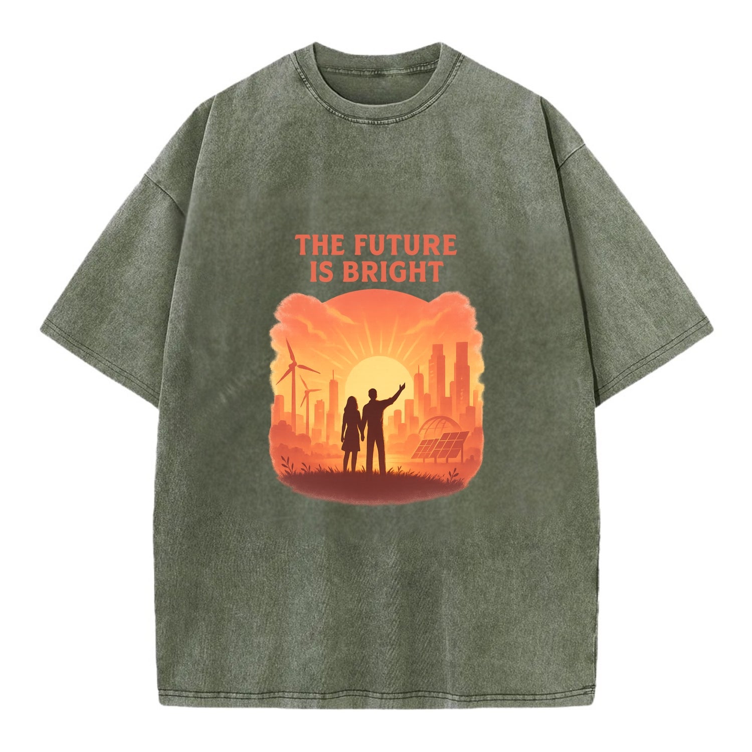 Sunrise over thriving sustainable city - "The Future is Bright" - optimistic - Vintage T-shirt - Army Green