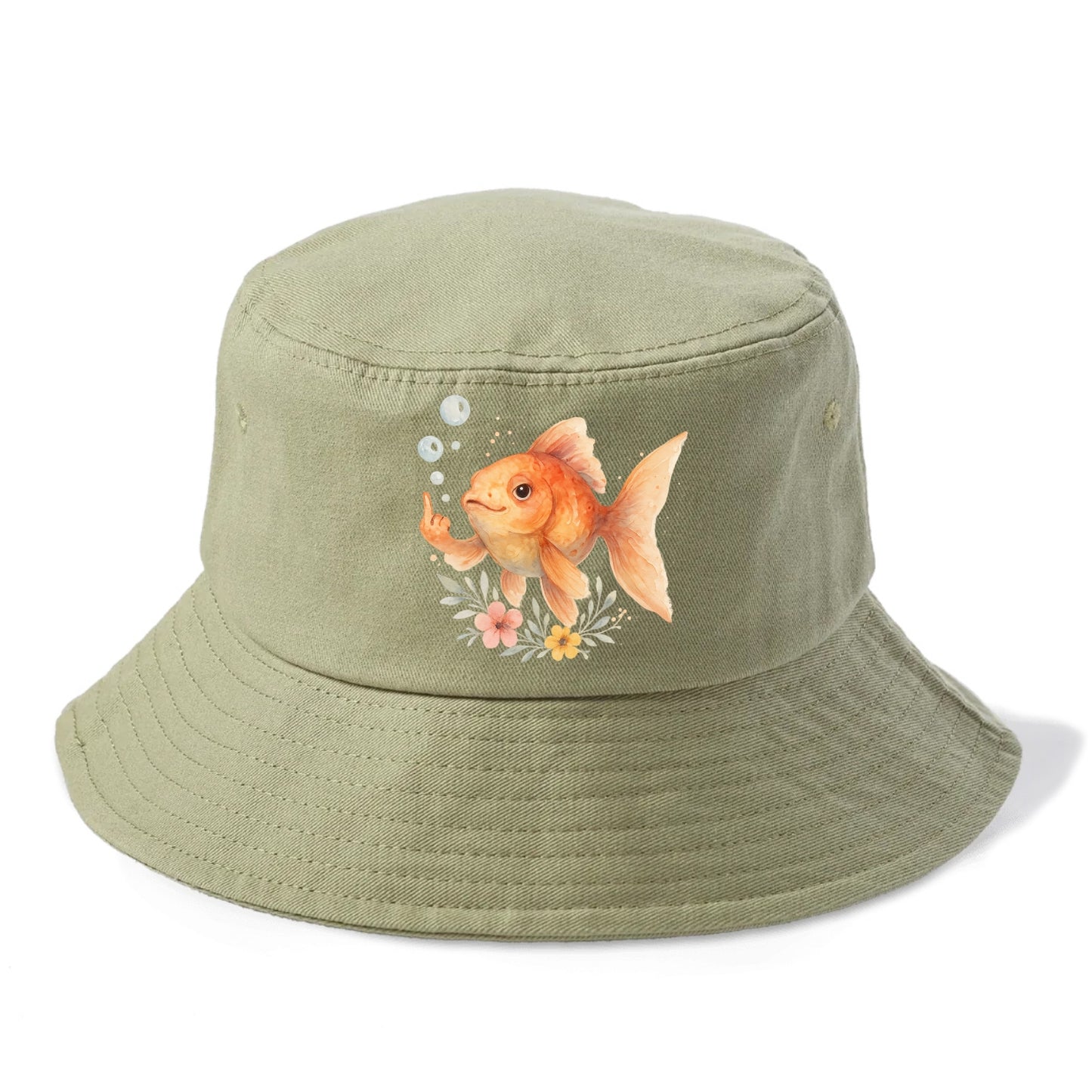 chubby goldfish blowing bubbles, one fin extended like middle finger - Bucket Hat - Army Green