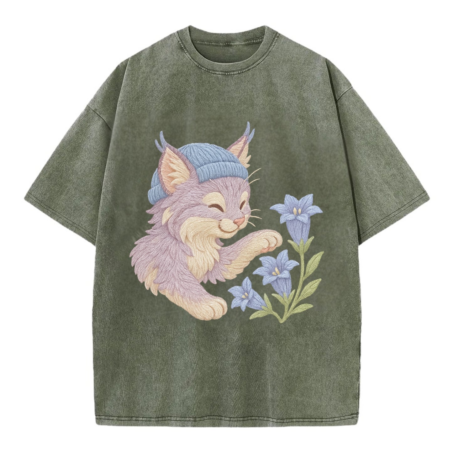 Lynx and Gentian  - Vintage T-shirt - Army Green