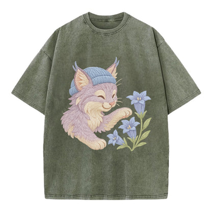 Lynx and Gentian  - Vintage T-shirt - Army Green