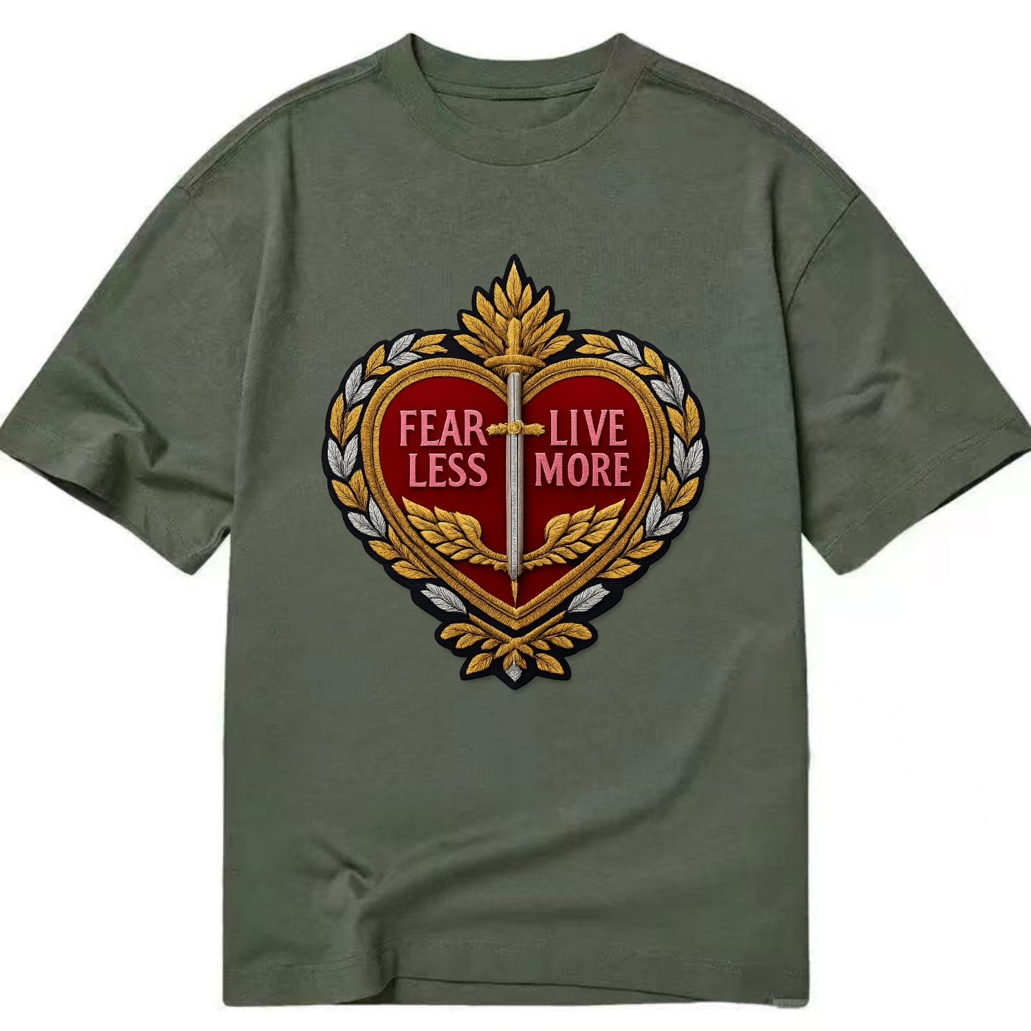 FEAR LESS LIVE MORE - heart with text in red , courage - Classic T-shirt - Army Green