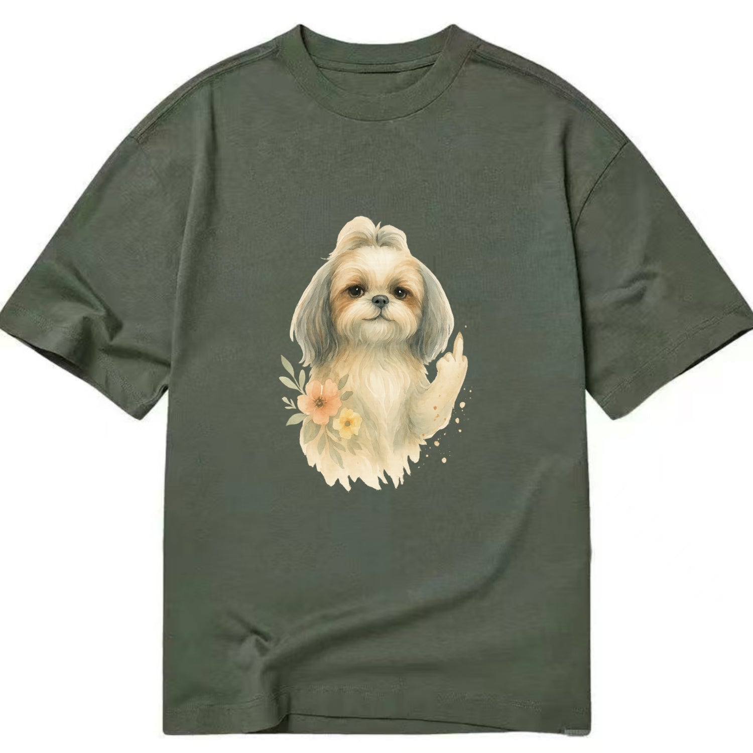 Shih Tzu with long flowing silky hair, tiny paw showing attitude - Classic T-shirt - Army Green