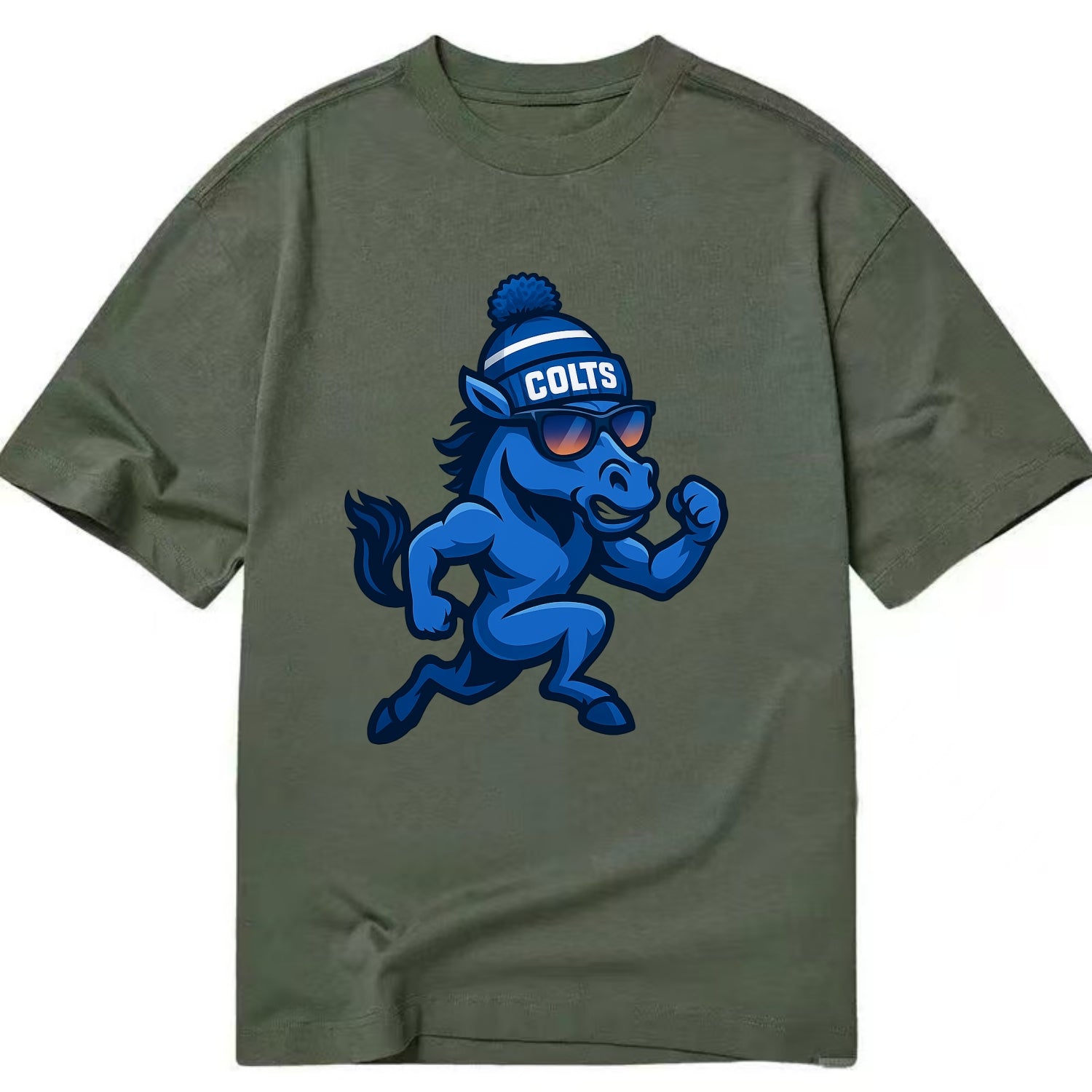 Indianapolis Colt Horse wearing Colts blue and white beanie with pom pom and - Classic T-shirt - Army Green