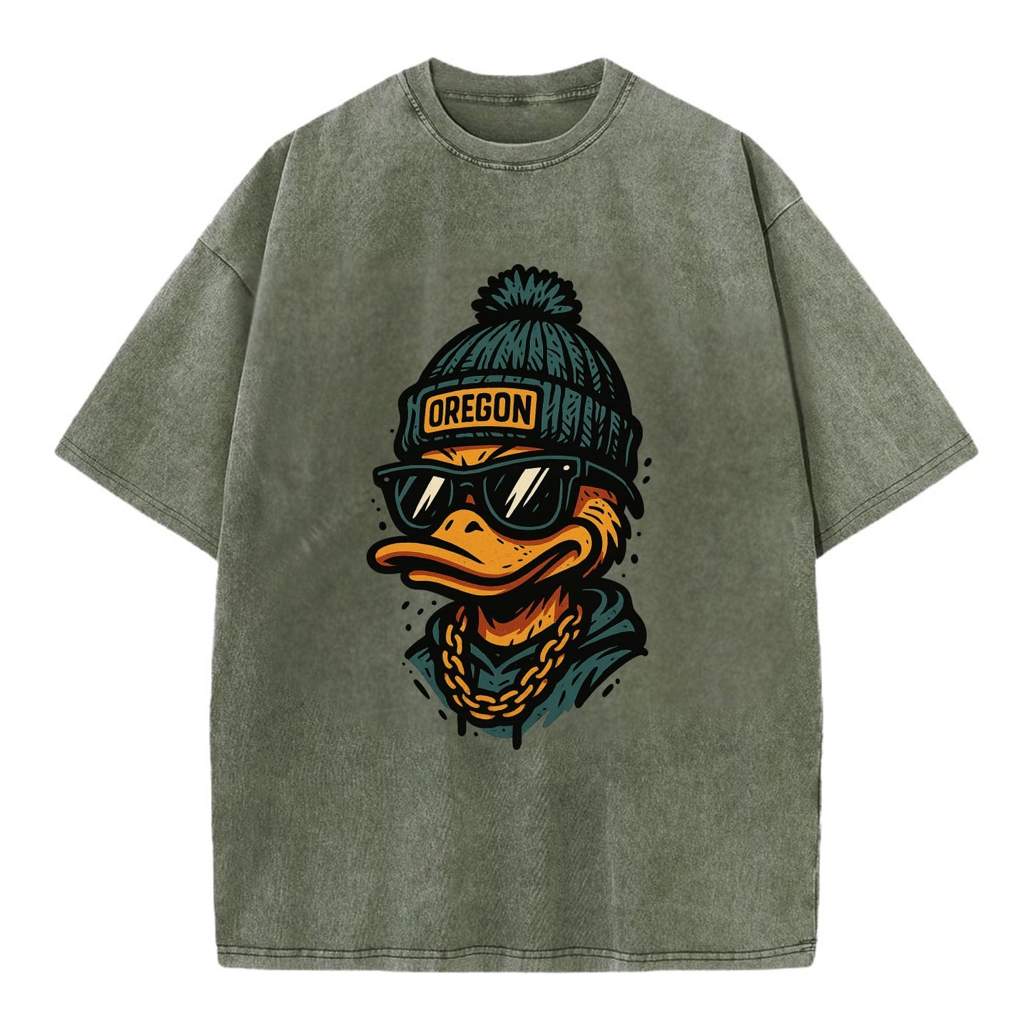 Eugene Duck wearing Oregon beanie with p - Vintage T-shirt - Army Green