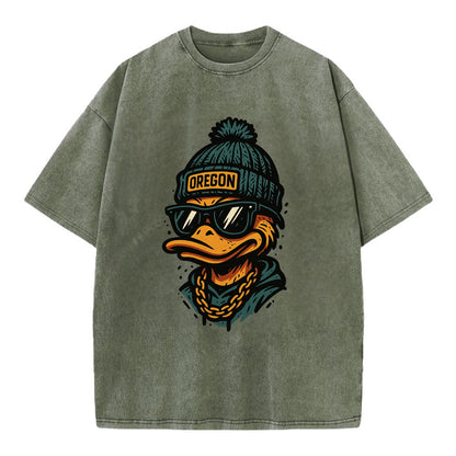 Eugene Duck wearing Oregon beanie with p - Vintage T-shirt - Army Green