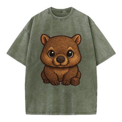 Baby Wombat - brown fur, square nose, small ears, dark eyes, front-facing, cube - Vintage T-shirt - Army Green