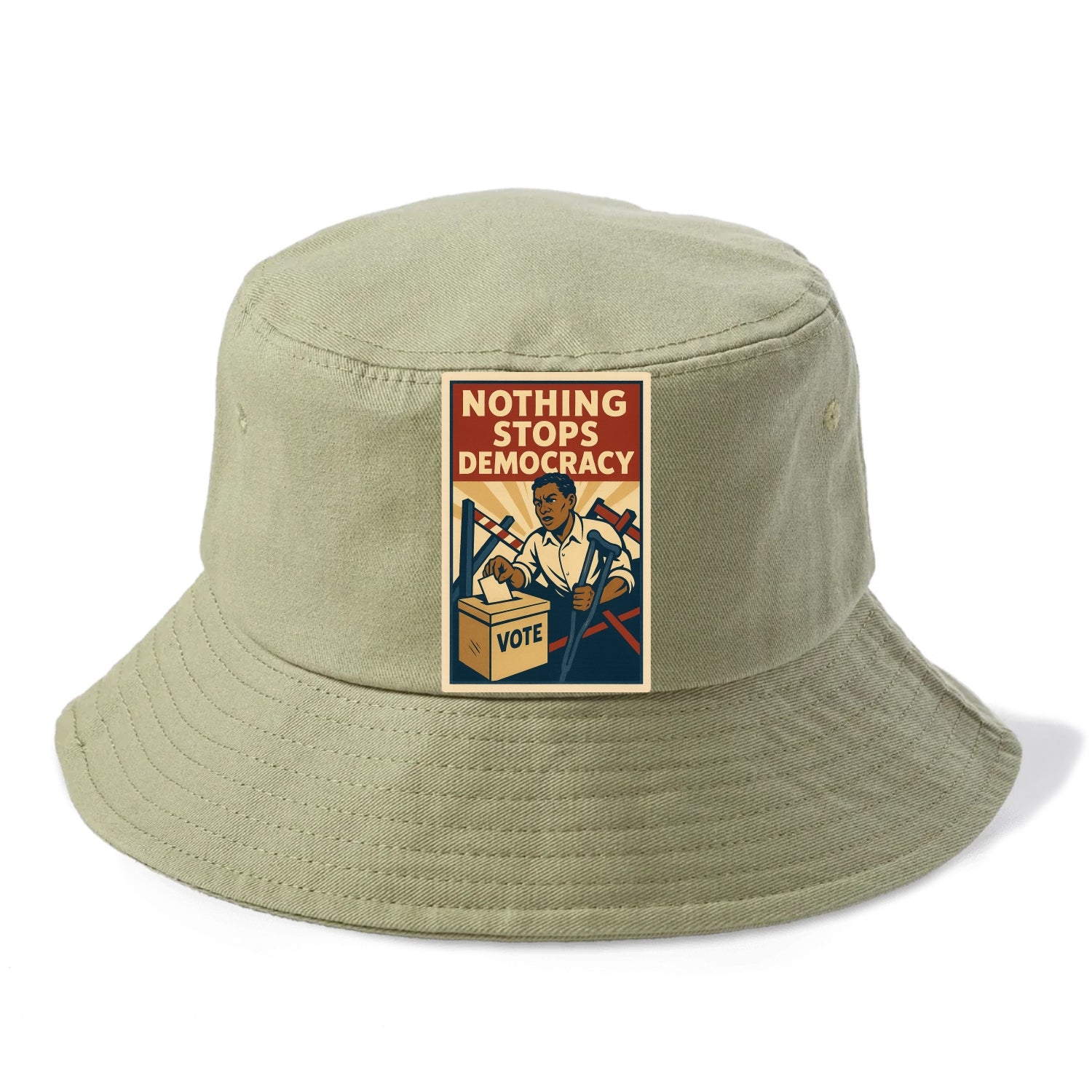Person voting despite obstacles - "Nothing Stops Democracy" - voter perseverance - Bucket Hat - Army Green