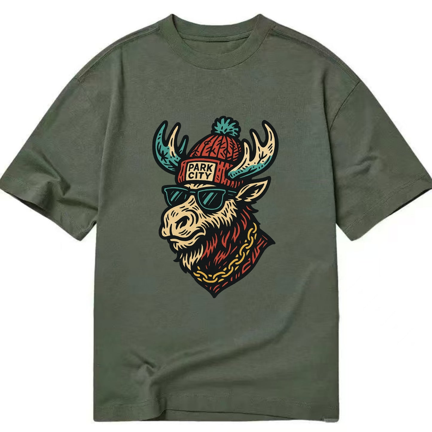 Park City Moose wearing Park City beanie with pom pom and wayfarer sunglasses - Classic T-shirt - Army Green
