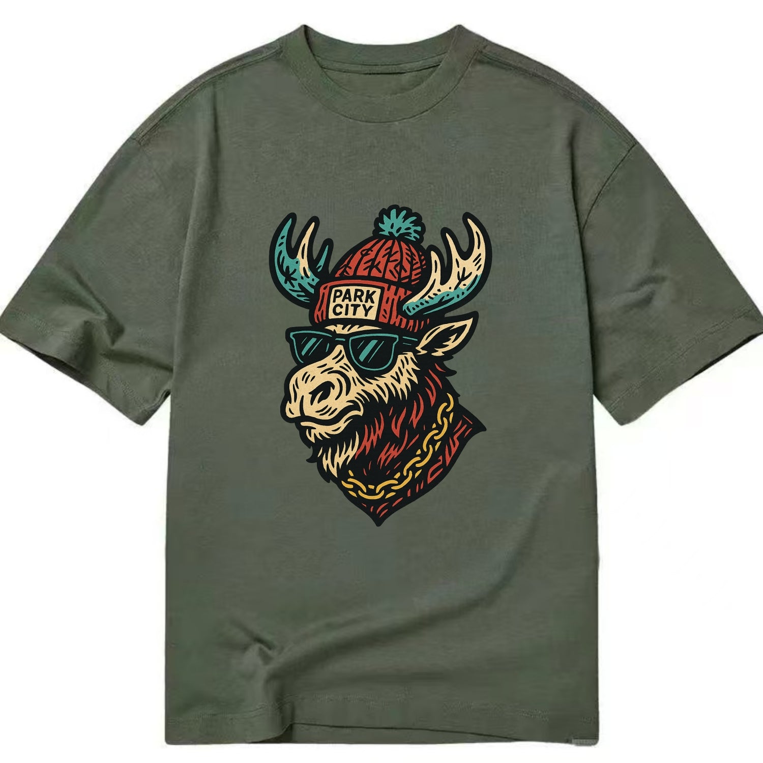 Park City Moose wearing Park City beanie with pom pom and wayfarer sunglasses - Classic T-shirt - Army Green