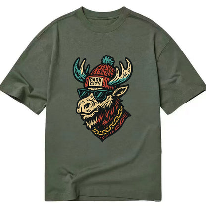 Park City Moose wearing Park City beanie with pom pom and wayfarer sunglasses - Classic T-shirt - Army Green