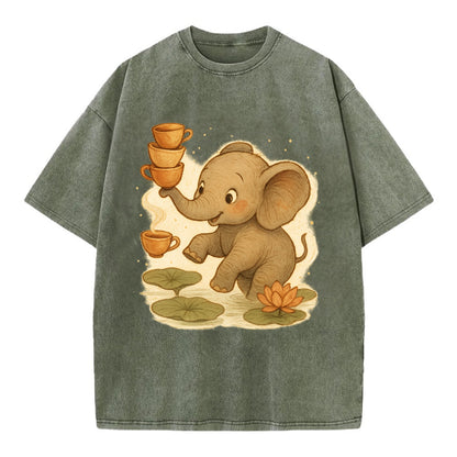 Elephant balancing teacups during a floating tea ceremony beside lotus ponds - Vintage T-shirt - Army Green