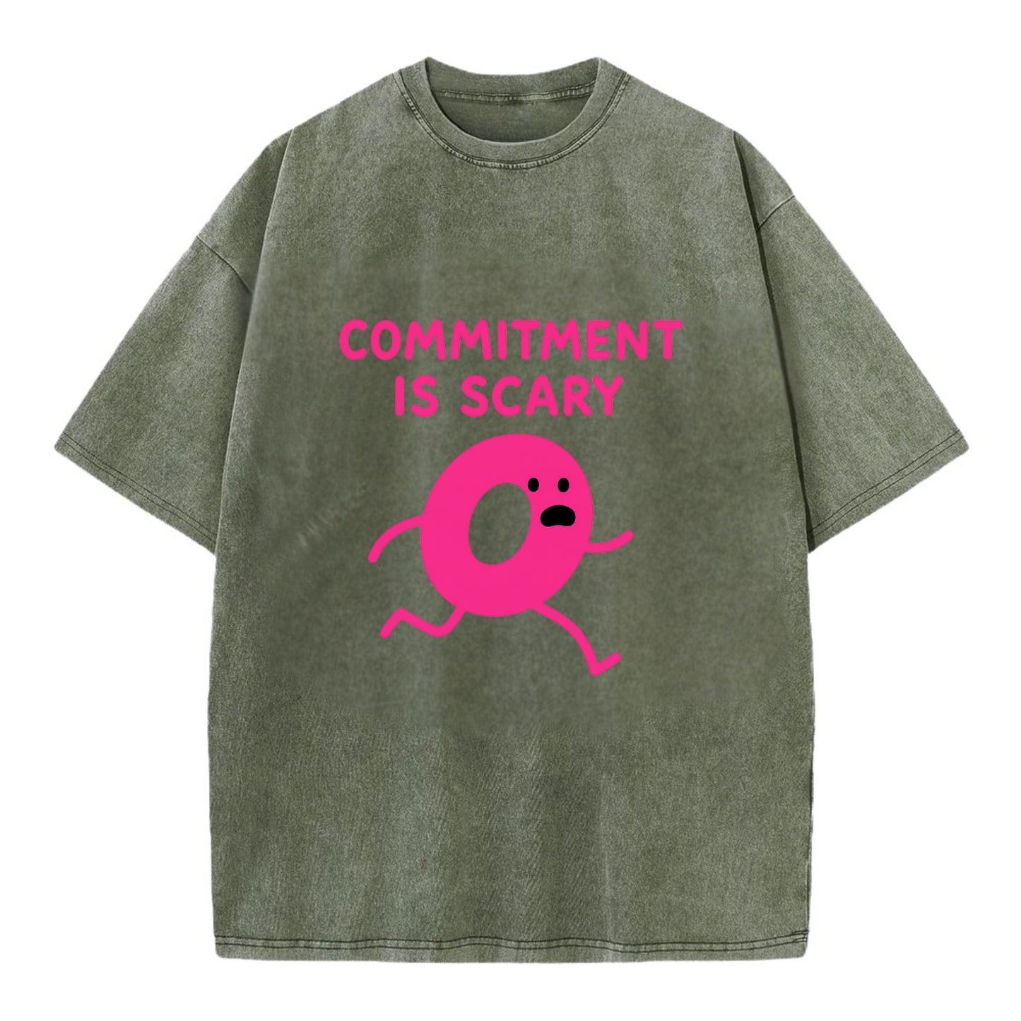 COMMITMENT IS SCARY | Terrified ring running away - Vintage T-shirt - Army Green